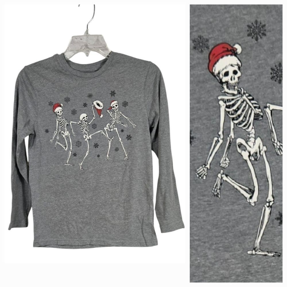 Boys 10/12 Christmas Shirt Santa Skeletons Dancing Floss Dance Backpack Kid Gray